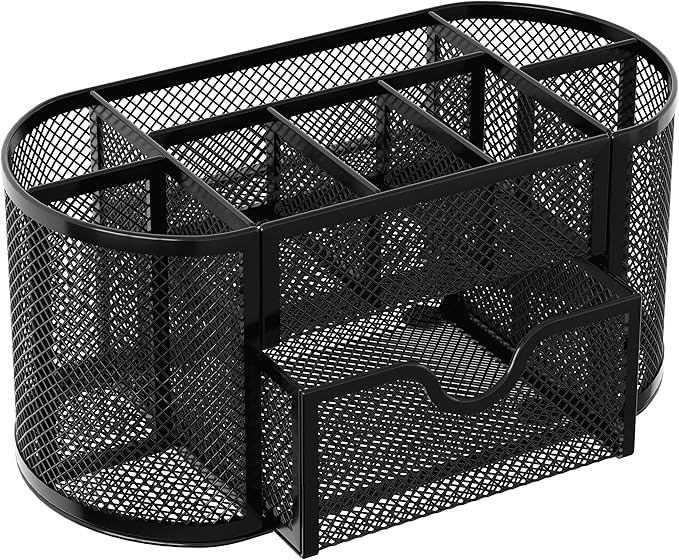 EasyPAG Mesh Desk Organizer, Multi-functional Stationery Organizer for School Supplies, Office Pen Holder for Desk, 9 Compartments Dorm Organization with Drawer, Black