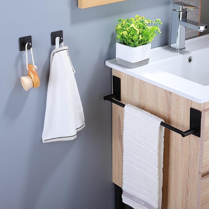 Taozun Towel Bar - Towel Holder with 2 Packs Adhesive Hooks Black 16-Inch Hand Towel Rack Stick on Wall, Stainless Steel Bathroom Hardware Accessory Kit