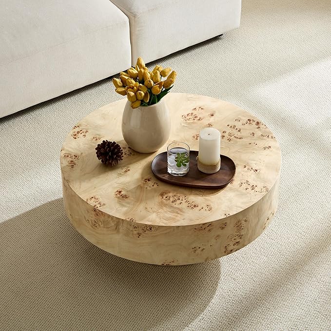 kevinplus 31.49'' Round Coffee Table Modern Wood Coffee Table for Living Room, Contemporary Circle Fluted Drum Pedestal Style, Burl Wood Veneer, Easy Assembly, Natural (ø31.49'' x 13.77'')