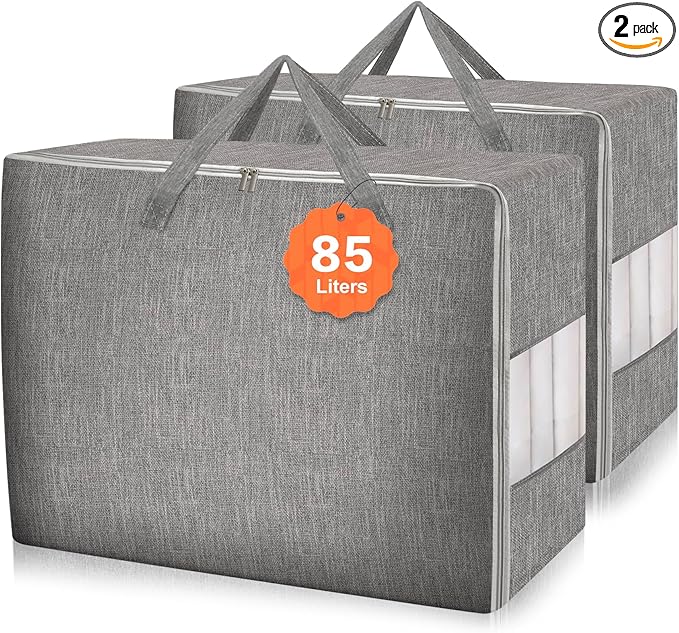 2 Pack 85L Comforter Storage Bags, Extra Large Bedding Storage Bags with Clear Window, Reinforced Handles & Zippers, Foldable Closet Organizers for Blanket Pillow Clothes-NeatNest