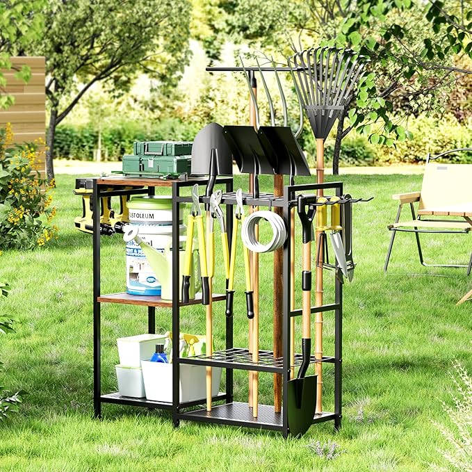 Garden Garage Tool Organizer - with 3-tier Shelves, Yard Tool Organizer for Garage with 4 Hooks, Heavy duty Steel Garden Tool Rack Holds up to 48 Long Handled Yard tools for Storage