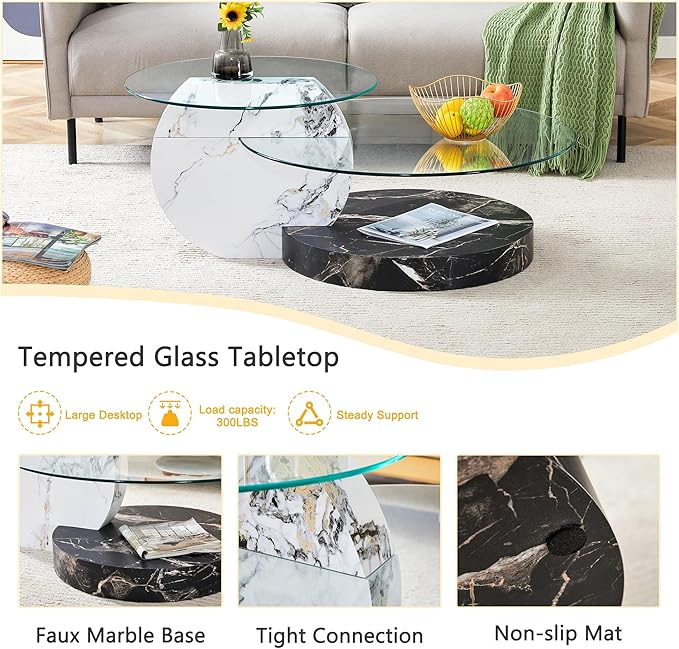 Glass Coffee Tables Round Coffee Tables for Living Room Modern 3 Tier Round Table Circle Coffee Table for Small Space Home Office (42 Inch White+Black)