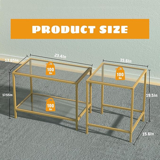 Coffee Table Set of 2,Gold Glass Nesting Coffee Side End Table,Square Modern Center Table for Living Room,Bedroom and Small Spaces,Tempered Glass-top with Sturdy Metal Frame, Easy Assembly-NeatNest
