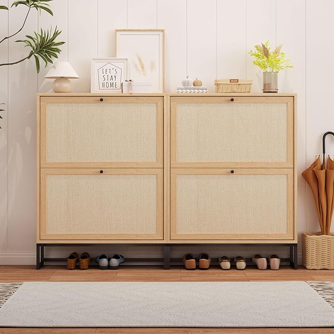 AVZEAR Shoe Cabinet with 2 Flip Drawer Door, Freestanding Shoe Organizer, Shoe Cabinet Storage for Entryway, Shoe Storage Shoe Rack for Closet with Linen Doors Drawer in Hallway, Living Room (Natural)-NeatNest