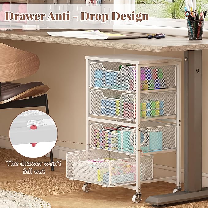 4-Drawer Rolling Storage Cart, Utility Cart with Drawers, White Metal Craft Cart Organizer with Wheels & Wooden Top, Art Supply Storage Organizer for Classroom, Office, Kitchen