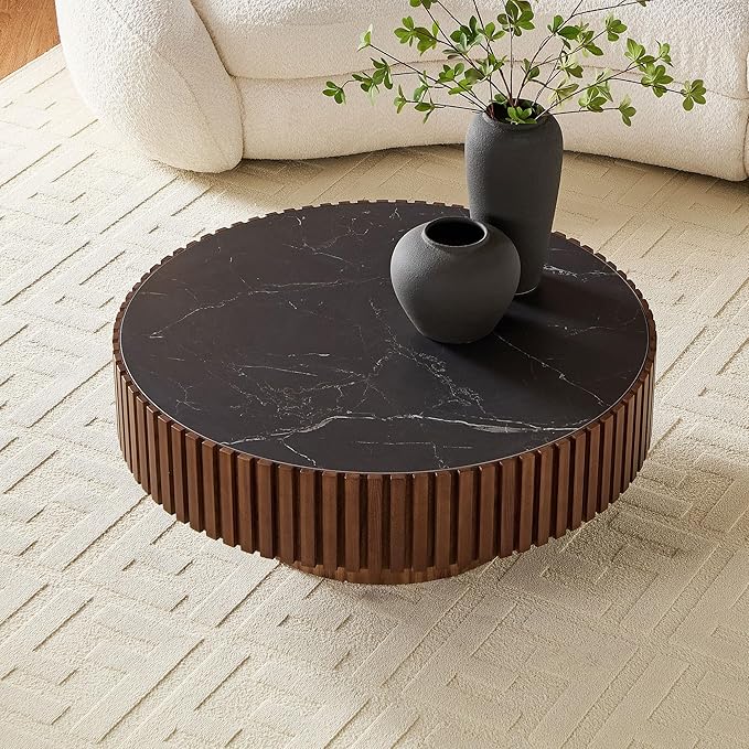 Coffee Table Stone Round 35.43'' for Living Room Modern Coffee Tables Wood Circle Drum Tea Fluted Solid Wooden Veneer Sintered Tabletop Handcraft Home Furniture for Apartment Easy Assembly Walnut-NeatNest