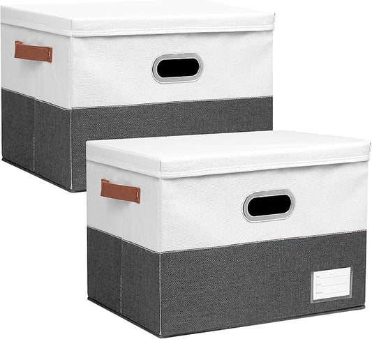 Foldable Fabric Storage Boxes with Lids, Collapsible Versatile Bins Baskets Cubes with Handles for Easy Organization in Closet, Living Room, and Bedroom (Grey & White, 2PCS/17 * 11.8 * 11.8in)-NeatNest