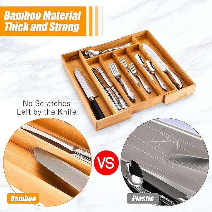 Bellsal Silverware Organizer Kitchen Drawer Organizer Expandable Bamboo Utensil Holder Cutlery Tray for Kitchen Utensil and Flatware Bedroom Office-NeatNest
