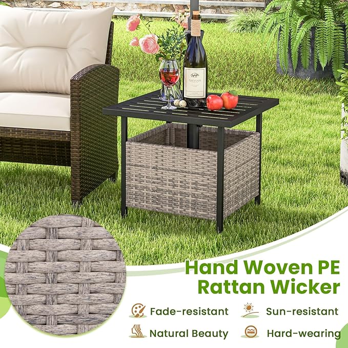 Patio Side Table with Umbrella Hole, 22" Rattan Wicker Umbrella Stand Table, Outdoor End Table for Patio, Garden, Poolside & Yard (Mix Gray)