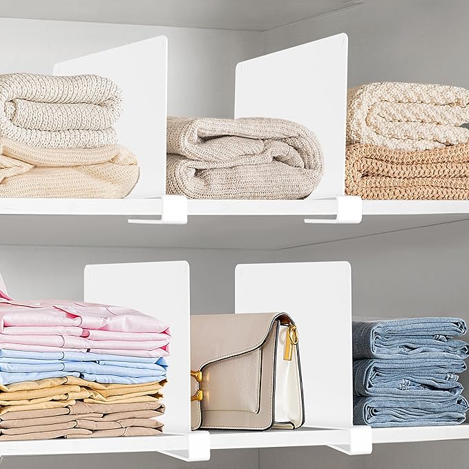 HBlife 8 Pcs White Acrylic Shelf Dividers, Vertical Purse Organizer for Closet Perfect for Sweater, Shirts, Handbags in Bedroom and Kitchen, Closet Separators for Organization Cabinet-NeatNest