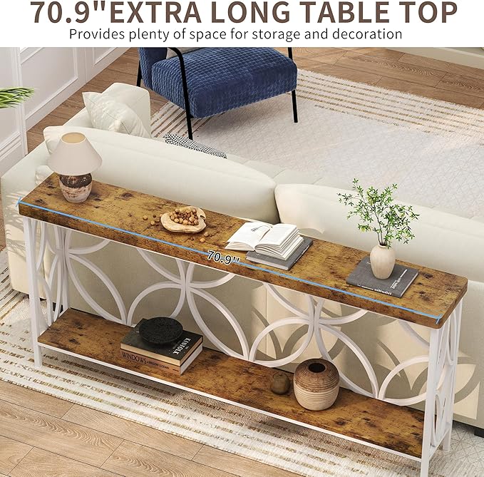 karlott 70.9 inch Extra Long Console Table, Industrial Sofa Table Behind Couch with 2 Tier Storage Shelf, Narrow Long Entryway Table for Living Room, Foyer, Hallway, Office, White-NeatNest