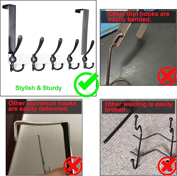 Dseap Over The Door Hook Hanger - 5 Tri Hooks, Heavy Duty Over The Door Towel Rack Coat Rack for Clothes Hat Towel, White & Black, 2 Packs