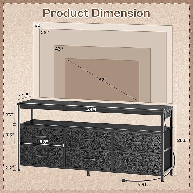 Huuger LED TV Stand for Bedroom, 55 Inch Fabric Dresser with Power Outlets, Entertainment Center for 60, 55, 50 Inch TV, 6 Drawer Dresser for Bedroom, Chest of Drawers with Shlef, PU Leather, Black-NeatNest