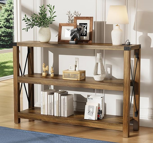 47.2" Entryway Table with Outlets and USB Ports, Console Table with 3-Tier Open Storage Shelves, Wooden Sofa Table with Metal X-Shaped Design for Living Room/Couch/Hallway/Foyer, Rustic Oak-NeatNest