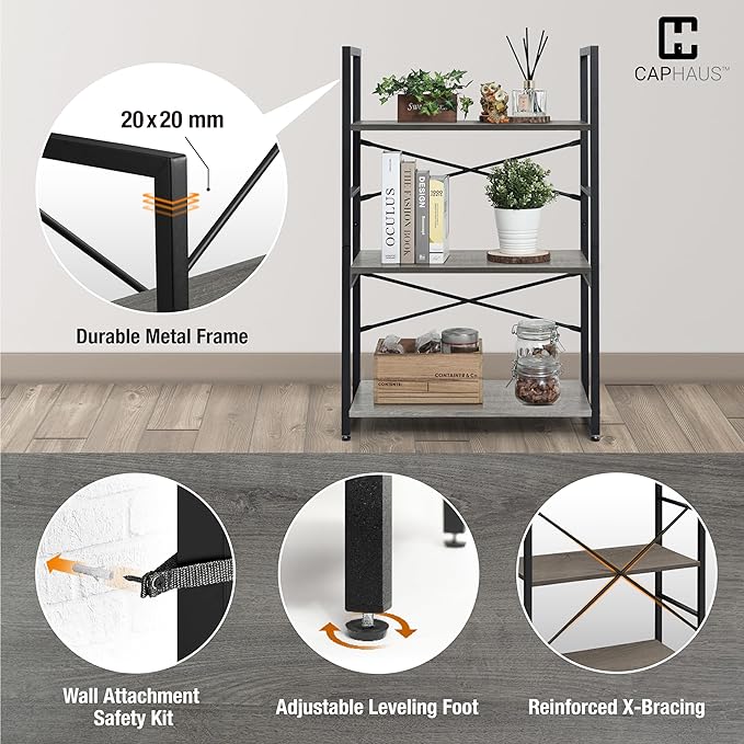 CAPHAUS 3 Tier Small Bookshelf, 24 Inch Width Free Standing Shelf, Bookcase Shelf Storage Organizer, Industrial Book Shelves for Home Office, Living Room, Dark Grey Shelves & Metal Frame-NeatNest