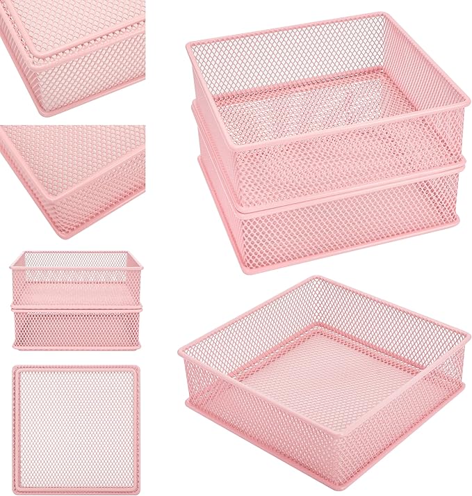 Annova Mesh Stackable Drawer Cabinet and Shelf Organizer Bins Storage Basket School Office Supply Holder Tray- Set of 2 (Light Pink, 6x6x2 Inch)-NeatNest