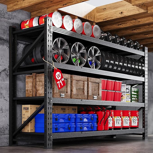 71” W Storage Shelves Heavy Duty, 5000LBS Metal Garage Shelving Units, 4 Tier Storage rack shelf, Steel Industrial Shelving , Adjustable Standing Shelf for Basement/Warehouse 71"W x 24"D x 70"H, Black-NeatNest