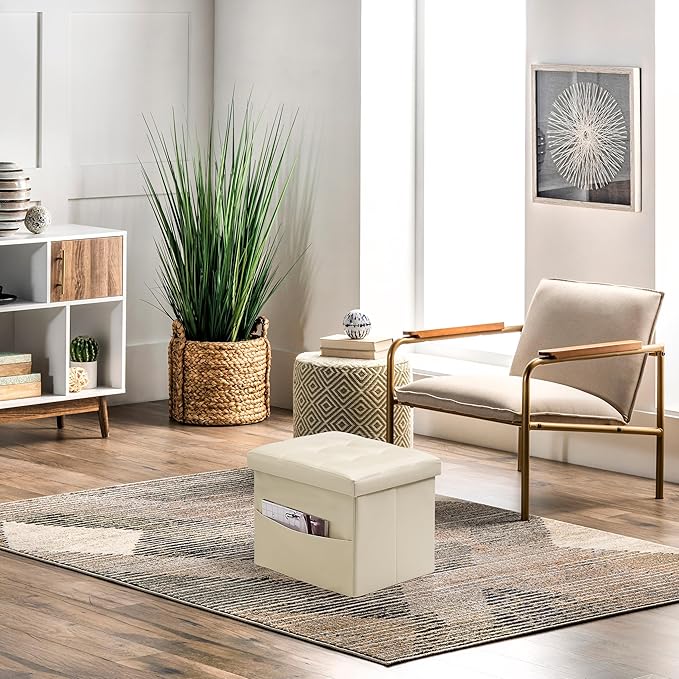 AmasSmile Storage Ottoman Folding Foot Rest Stool with Side Pocket, 16 inches Leather Footstool Bench, Short Ottoman Bench, Storage Foot Rest Store, Books, Beige-NeatNest