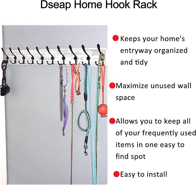 Dseap Wall Mounted Coat Rack with 10 Tri Hooks: Wooden Coat Hook Hanger for Coats Towels Hats Clothes, White & Black