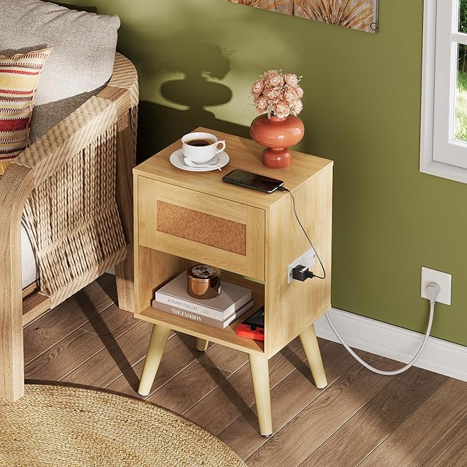 WLIVE Rattan Nightstand with Charging Station, Boho Night Stand, Small Bedroom Side Table, End Table with Drawer and Storage, Wood Bedside Tables for Bedroom, Small Spaces, Natural Oak