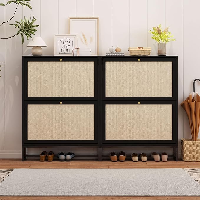 AVZEAR Narrow Shoe Cabinet with 2 Flip Drawer, Freestanding Shoe Organizer Shoe Cabinet Storage for Entryway, Slim Shoe Storage Shoe Rack for Closet with Linen Doors in Hallway, Living Room(Black)-NeatNest