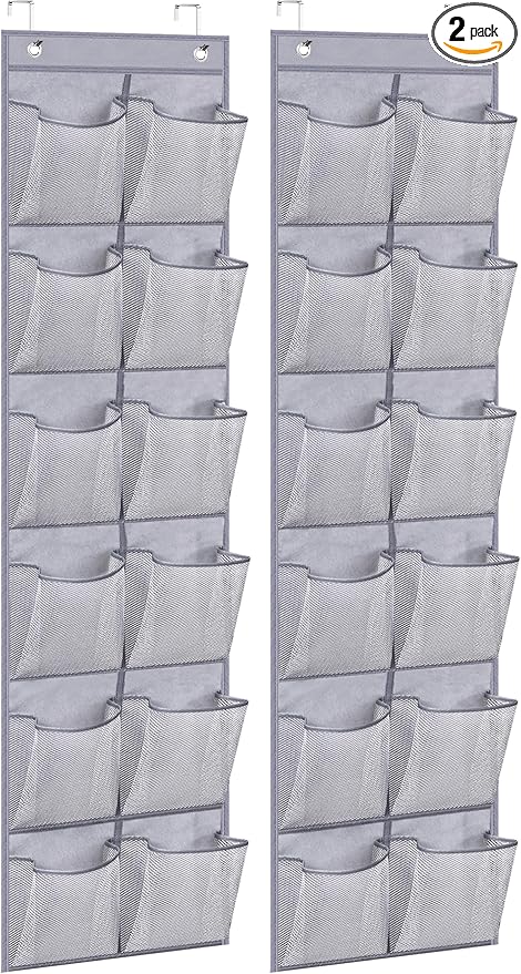 MISSLO Narrow Over The Door Shoe Organizer Door Hanger 12 Large Mesh Pockets Hanging Shoe Rack for Closet Door Cruise Ship Essential, Grey, 2 Pack-NeatNest