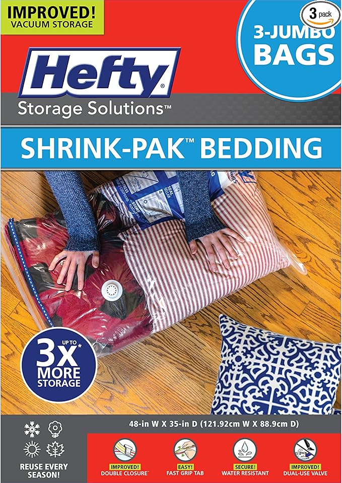 Hefty Shrink-Pak Vacuum Storage Bags - Space Saver for Under Bed Storage, Clothing and Comforters, Odor Resistant, 3X More Storage Space - 3 Jumbo Bags-NeatNest