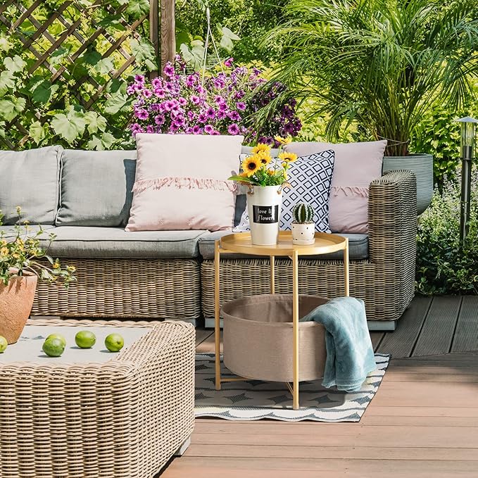 danpinera Round Side Table with Fabric Storage Basket, Metal Side Table Small Bedside Nightstand with Removable Tray Top for Living Room, Bedroom, Nursery, Laundry, Pale Yellow-NeatNest