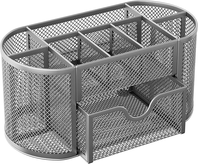 EasyPAG Mesh Desk Organizer, Multi-functional Stationery Organizer for School Supplies, Office Pen Holder for Desk, 9 Compartments Dorm Organization with Drawer, Silver