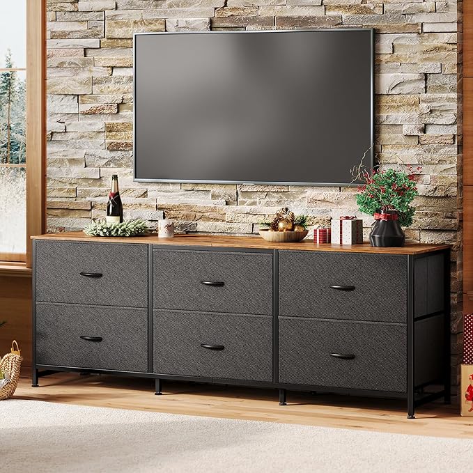 Huuger 63 Inch Long Dresser for Bedroom, Wide TV Stand for 55, 65, 70 Inch TV, 6 Drawer Dresser for Closet with Fabric Drawers, Storage Organizer for Bedroom, Entryway, Rustic Brown and Black-NeatNest