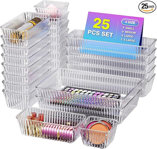 25 PCS Clear Plastic Drawer Organizer Set - 4 Sizes Makeup Organizer Desk Drawer Divider Bathroom Organizers and Storage Bins for Makeup, Jewelry, Gadgets, Office, Kitchen, Bedroom, Bathroom-NeatNest