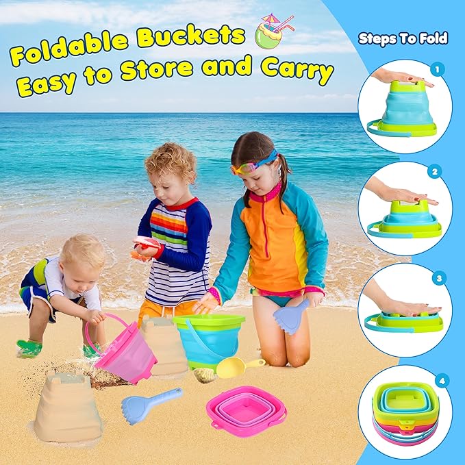 Collapsible Beach Sand Bucket 3 Packs Foldable Buckets Set with Shovels & Mesh Bag Collapsible Beach Toys for Kids Summer Sand Buckets for Kids Cruise Beach Essentials-NeatNest