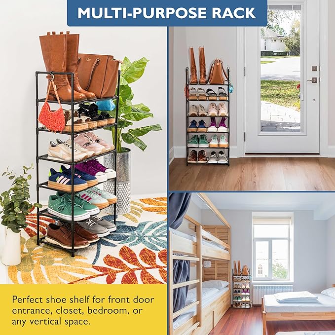 Sundaze Shoe Rack - 6 Tier Tall Shoe Rack for Closet, Sturdy Stackable Shoe Organizer for Closet, Bedroom, Entryway, Garage, Non Woven Fabric Shelf, Black, Holds 12-18 Pairs-NeatNest