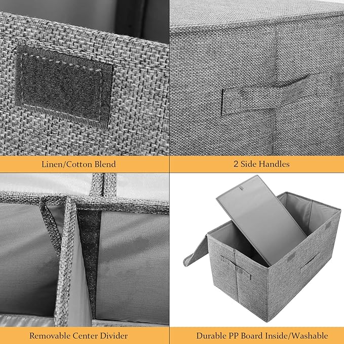 2 Pack Large Storage Boxes with Lids and Handles, Collapsible Linen Storage Bins Organizer Containers Baskets Cube with Removable Divider for Home Bedroom Closet Office (Khaki, Large)-NeatNest