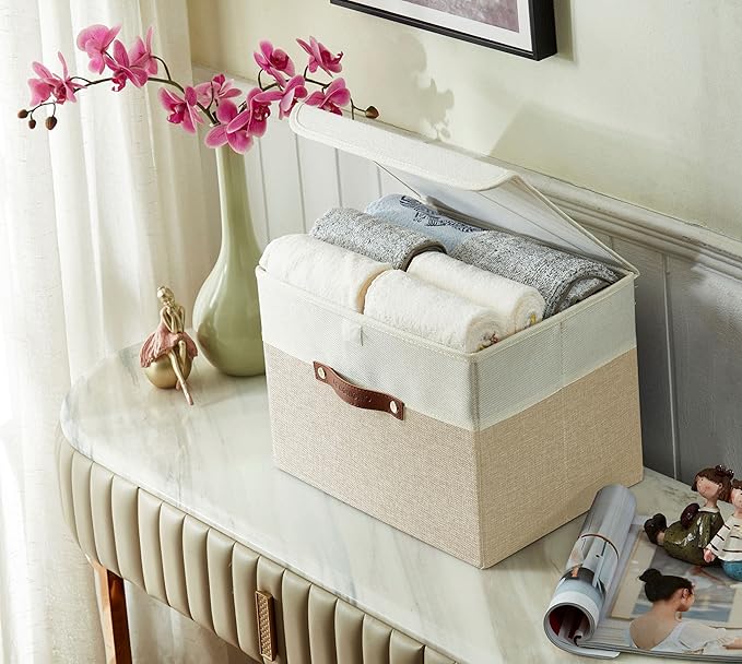 DECOMOMO Fabric Storage Bins with Lid, Storage Baskets for Shelves Toy Box (Beige and White, 3 Pack)-NeatNest