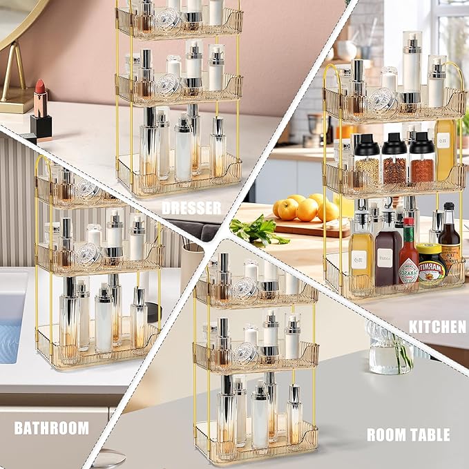 Bathroom Counter Organizer Countertop Storage Skincare Countertop Makeup Organizer Cosmetics Skincare Organizers Holder for Perfume-Amber-Golden Pole-3 Tier-NeatNest