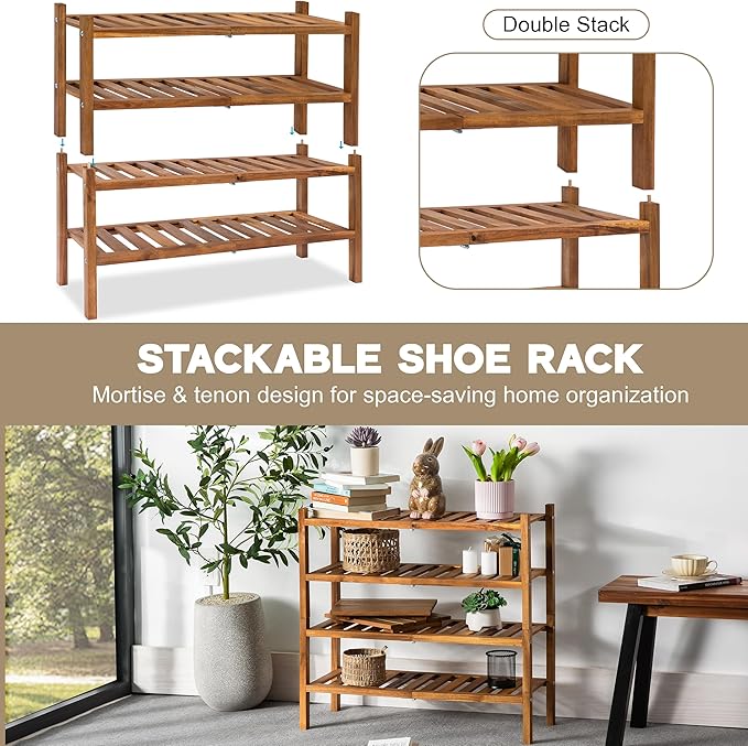 Natural Acacia Wood 2-Tier Folding Shoe Rack – Space-Saving Wooden Shoe Organizer Shelf for Entryway, Hallway, Mudroom, or Closet – Compact Indoor Storage for Footwear & More-NeatNest