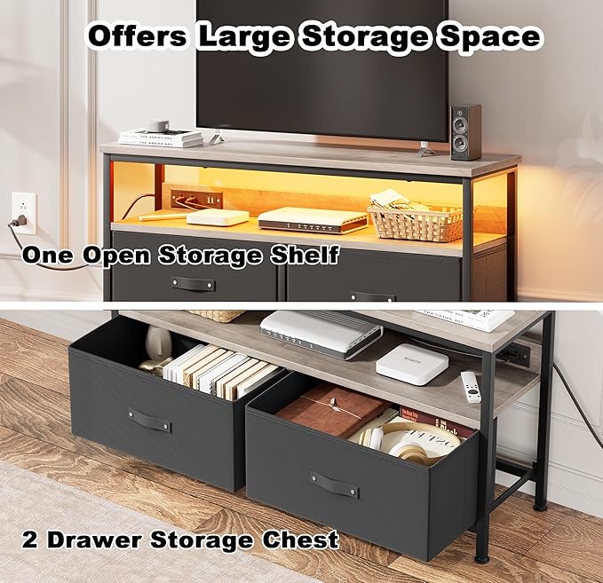 39" Dresser TV Stand for TVs up to 50", Media Console with LED Lights, Charging Station & 2 Drawer Storage Chest, Gaming Entertainment Center with Storage for Bedroom (Grey, 39 in)-NeatNest
