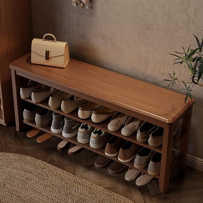 Wood Shoe Rack Bench for Entryway, 2 Tier Shoe Rack for Front Door Entrance, Shoe Bench with Shoe Storage for Entryway, Bedroom, 47.2"-NeatNest