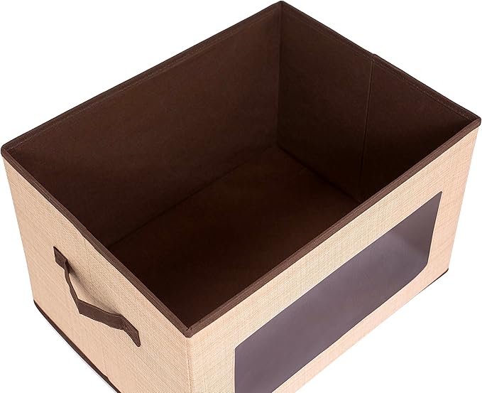 Internet's Best Storage Box with Window - Durable Storage Bin Basket Containers with Lids and Handles - Clothes Nursery Toys Organizer - Brown (Beige)-NeatNest