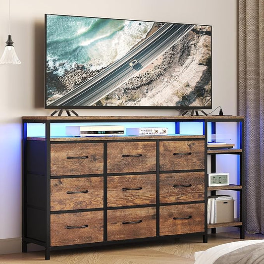 60 inch TV Stand Dresser for Bedroom with LED Lights & Charging Station, 9 Fabric Drawers, Entertainment Center with Drawers & Open Shelves for Living Room, Bedroom, Rustic Brown-NeatNest