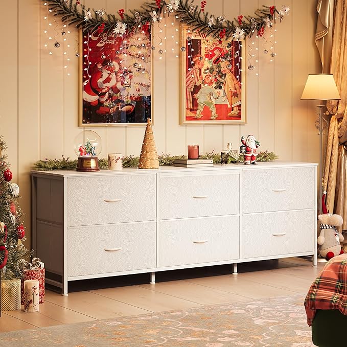 Huuger 63 Inch Long Dresser for Bedroom, Wide TV Stand for 55, 65, 70 Inch TV, 6 Drawer Dresser for Closet with Fabric Drawers, Storage Organizer for Bedroom, Entryway, PU Leather, White-NeatNest