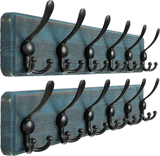 Dseap Coat Rack Wall Mounted - 24" Long 6 Tri Hooks, Heavy Duty Wooden Wall Coat Hanger Coat Hook for Clothes Hat Jacket Clothing, Weathered Blue and Black, Pack of 2