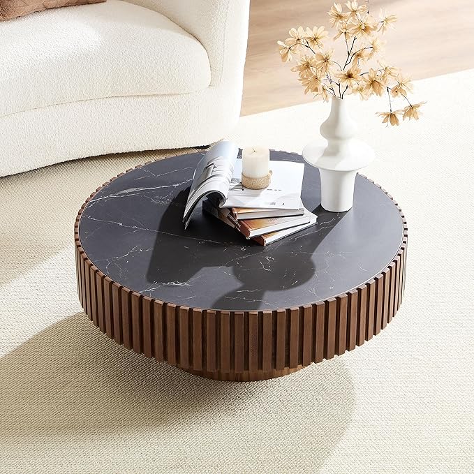 35.43'' Round Coffee Table Wood Circle Coffee Table with Marble Top Pedestal Center Table Fluted Accent Tea Table for Living Room Apartment Office Walnut