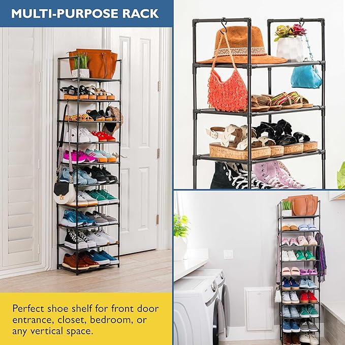 Sundaze Shoe Rack - 10 Tier Tall Shoe Rack for Closet, Sturdy Stackable Shoe Organizer for Closet, Bedroom, Entryway, Garage, Non Woven Fabric Shelf, Black, Holds 20-30 Pairs-NeatNest