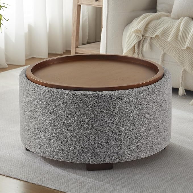 30 Inch Round Storage Ottoman Coffee Table, Modern Boucle Ottoman with Lift-Off Lid and Solid Wood Legs for Living Room, Bedroom, Corners, Apartments (Light Grey)
