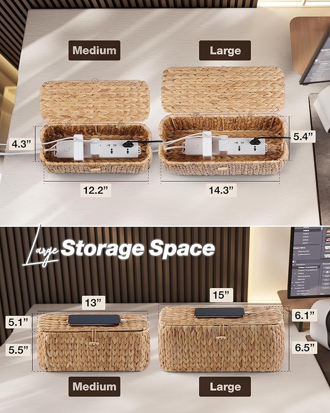 BLUEWEST Set of 2 Cable Management Box, Water Hyacinth Organizer Box, Durable Rattan Cable Organizer with Dual Open Slots for Desk, TV, and Office Cords, Hides Power Strips, USB Hubs, and Wires