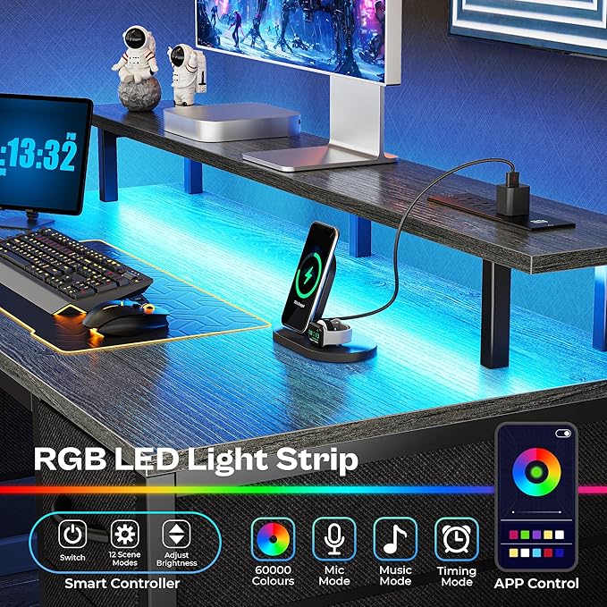 Huuger 55 inch Computer Desk with 4 Drawers, Gaming Desk with LED Lights & Power Outlets, Home Office Desk with Large Storage Space for Bedroom, Work from Home, Gray-NeatNest