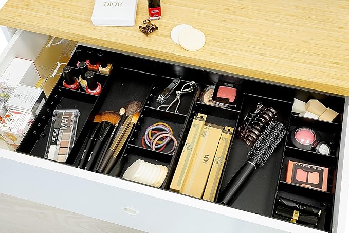 CAXXA 3 Slot Drawer Organizer with 4 Adjustable Dividers - Junk Drawer Storage for Makeup & Vanity, Office Desk Supplies and Accessories (BLACK, 1 PACK)-NeatNest