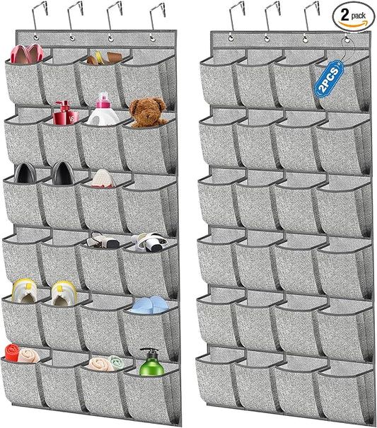 2 Pack Over the Door Shoe Organizer, Hanging Shoe Rack Storage Holder with 48 Large Pockets for Closet Door (Grey)-NeatNest
